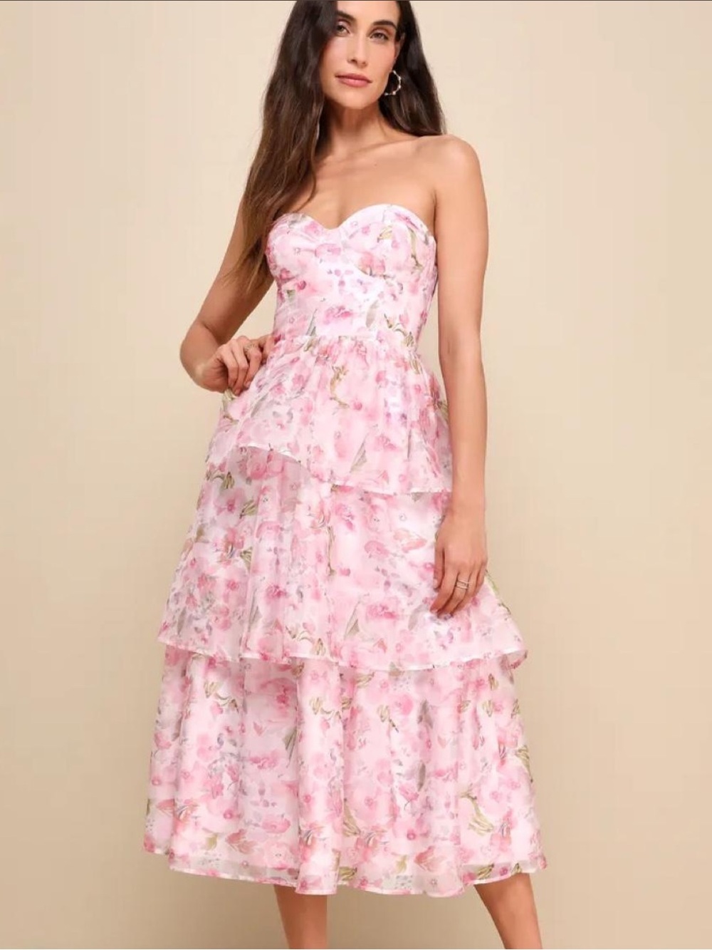 Lulus Pristine Cutie Light Pink Floral Organza Bustier Midi Dress Large New